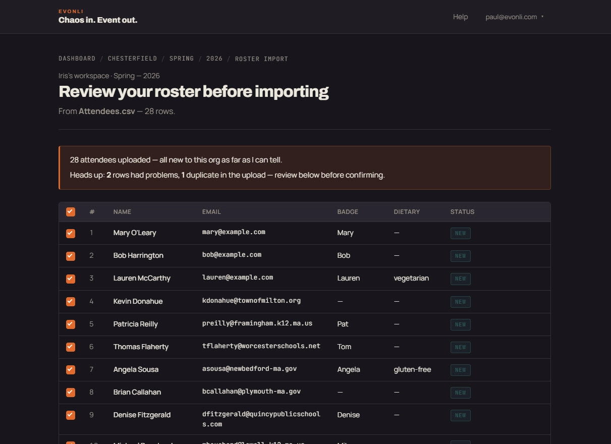 Roster import + magic-link send